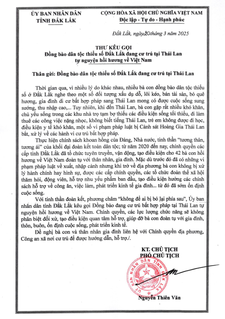 Thư kêu gọi đồng bào dân tộc thiểu số Đắk Lắk đang cư trú tại Thái Lan tự nguyện hồi hương về Việt Nam